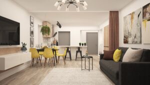 modern house interior living room and kitchen
