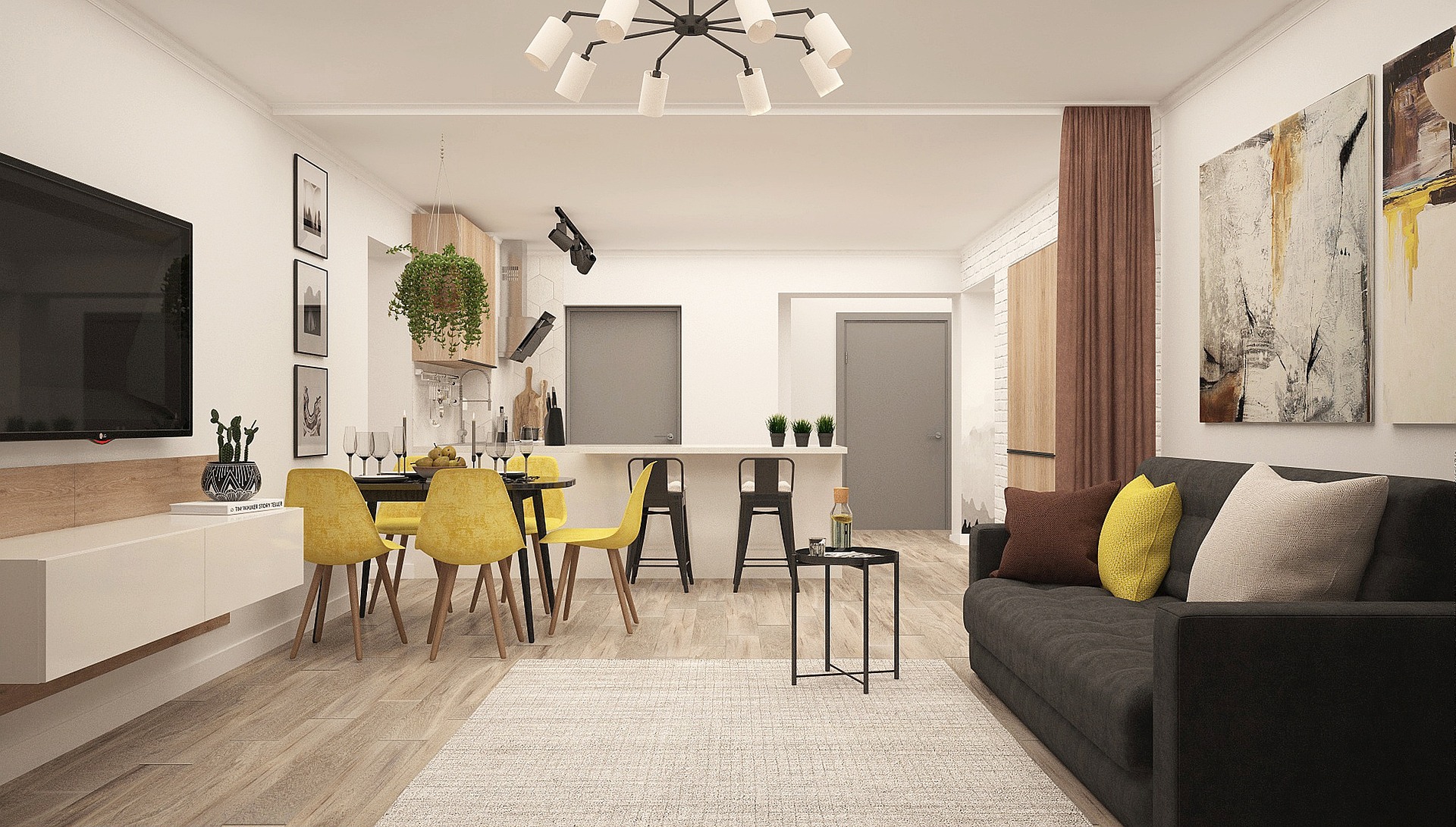 modern house interior living room and kitchen